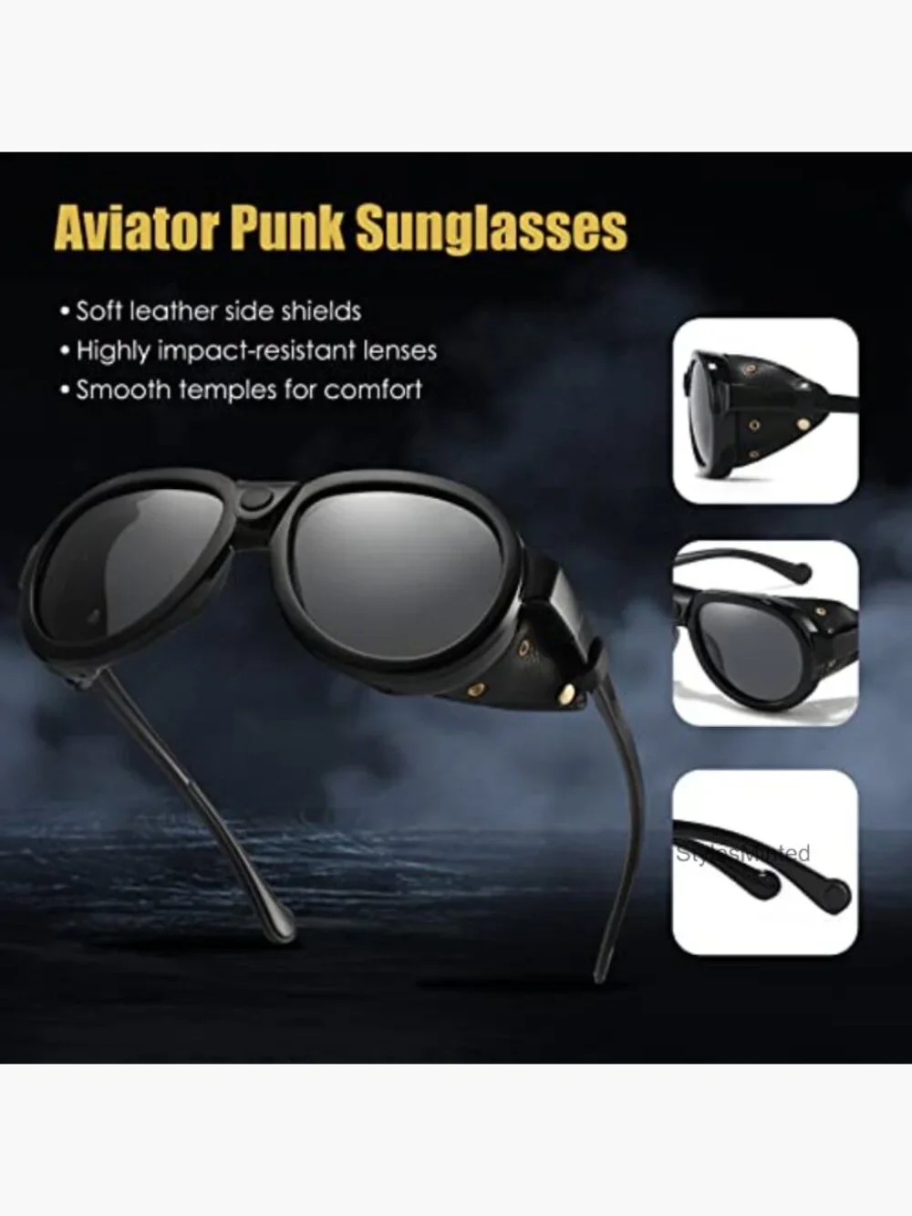 Aviator Steampunk Polarized Sunglasses with Leather Side Shield